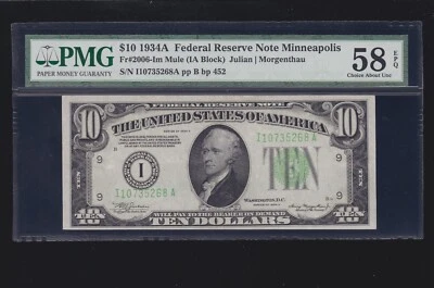 US 1934A $10 FRN Minneapolis FR 2006-Im PMG 58 EPQ Ch AU (268) - Image 1 of 2