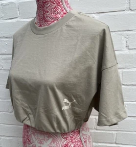 New Puma Cropped T Shirt Top Green/Beige Classic Roll Up Sports Large - Picture 1 of 11