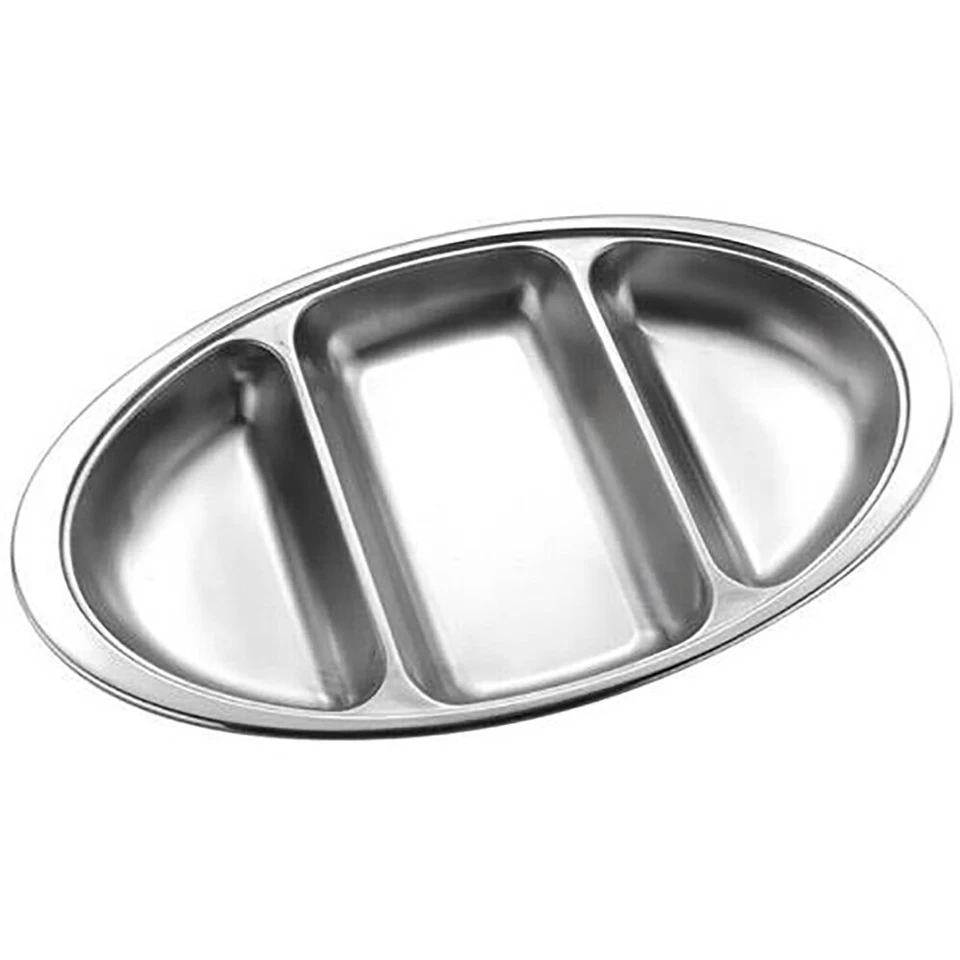 Stainless Steel 3 Compartment Oval Buffet Serving Tray Dish 50cm Food Divided  - Image 1 of 1