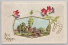 Salutations ~ iris rouges et violets ~ fer à cheval doré ~ bordure dorée ~ carte postale vintage