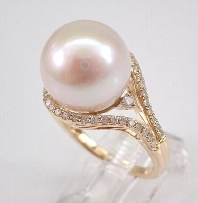 Обручальное кольцо с одним круглым белым жемчугом 4 карата с покрытием из желтого золота 14 карат - Изображение 1 из 4