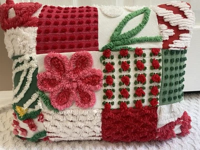 Rare Red MJ Rosebud Throw Pillow Case From Chenille Bedspread 12x16 Christmas #1 - Image 1 of 3