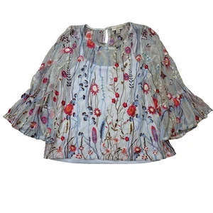 Cynthia Rowley Sheer Floral Embroidered Top 3/4 Bell Sleeves Nylon Mesh Size XL - Picture 1 of 11