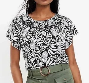 LOFT Small Black White Pineapple Ruched Yoke Mixed Short Sleeve Women’s Top NWT - Picture 1 of 12