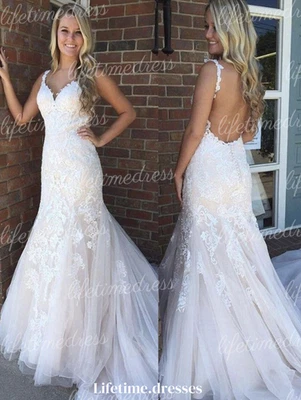 Mermaid Wedding Dresses Backless Elegant V Neck Buttons Tulle Bridal Gowns - Image 1 of 4
