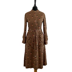Vintage 1970s Midi Dress Brown Orange Geometric Mod Retro Pockets Dress 6 - Picture 1 of 6