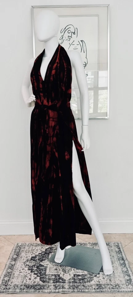 HALTER TOP DEEP VNECK TIE DYE JUMPSUIT IN BLACK AND RUST  SIZE: S/M. - Image 1 of 4