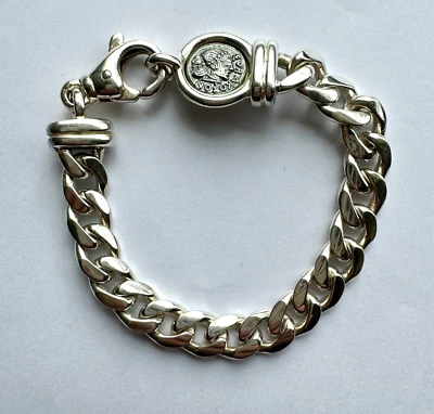 MONEDA ROMANA PLATA 925 BORDILLO ESLABÓN PULSERA PESADA 30,6 g 6,75” CON BOLSA DE TERCIOPELO ROJO Foto 1 de 4