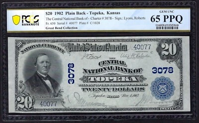 🇺🇸 KS 1902 $20 ♚♚TOPEKA, KANSAS♚♚ PCGS GEM UNC 65 PPQ BEST KNOWN!! ONLY GEM!! - Image 1 of 3