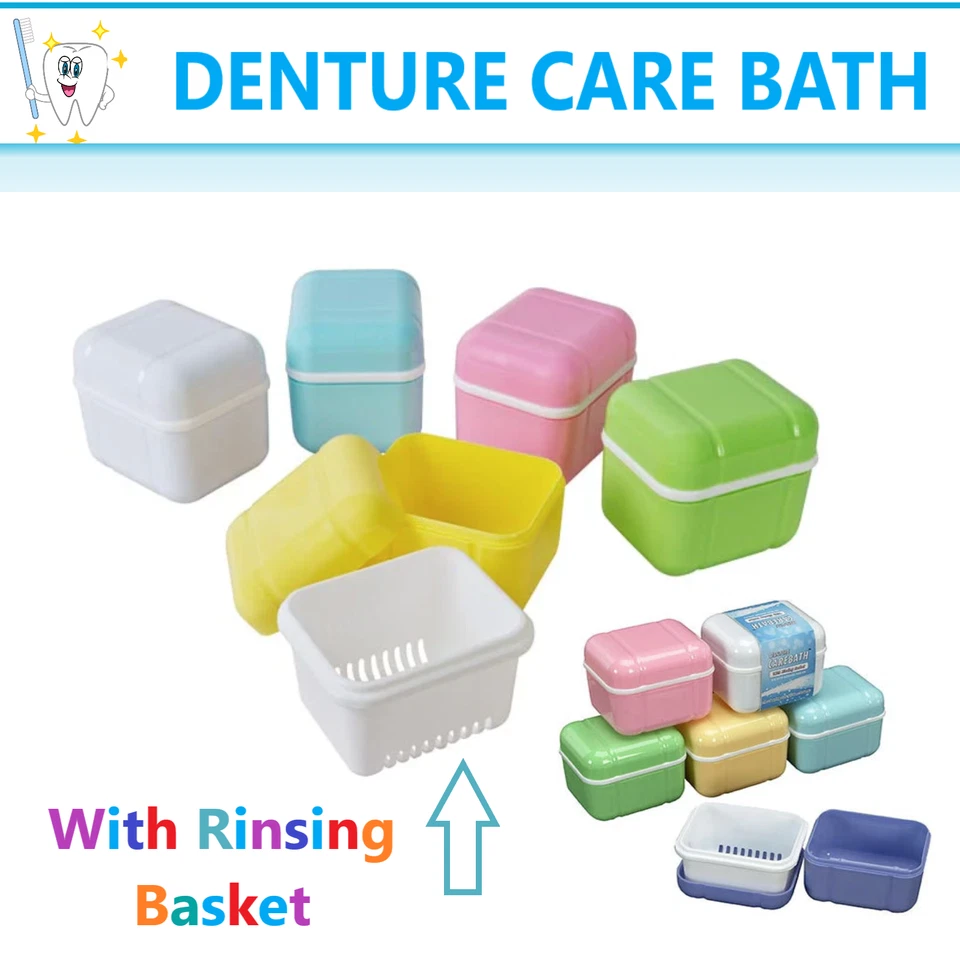 Denture Care Retainer Box with Tray Case Cup Storage Denture with Rinsing Basket - Image 1 of 2