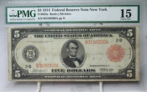 1914 $5 Federal Reserve Note New York Fr#7833a PMG F15 No Comment #8300 - Picture 1 of 2