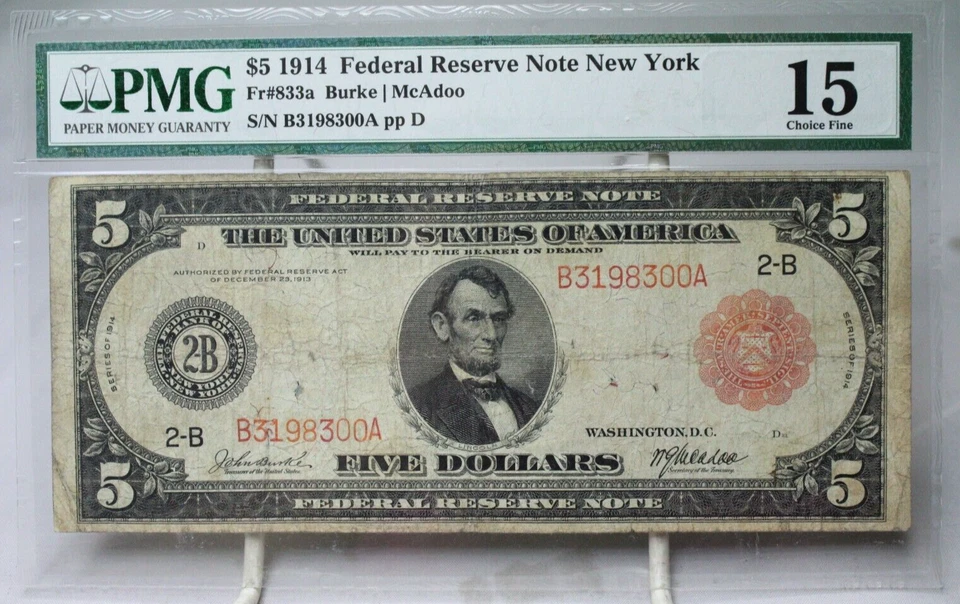 1914 $5 Federal Reserve Note New York Fr#833a PMG F15 No Comment #8300 - Image 1 of 2