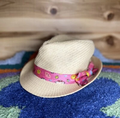 Винтажная соломенная шляпа-федора Hello Kitty Sanrio для детей размер OSFM с розовым шелковистым бантом - Изображение 1 из 4