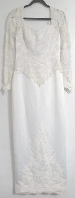 Vintage Moonlight Pearl Beaded Lace Wedding Gown Dress Size 12 Long Sheath Bows - Image 1 of 4