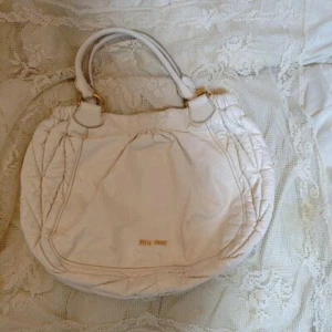 MIU MIU White Shoulder Bag Tote Hand Bag Leather Gold Hardware Used 2504M - Picture 1 of 9