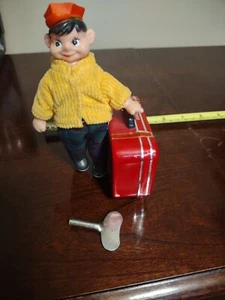 Vintage Tin BellBoy Wind Up Toy W/Suitcase and Wing Key - Picture 1 of 8