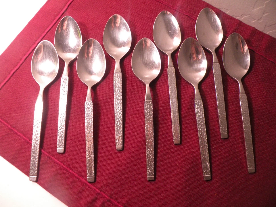 Set Of 9 Teaspoons Ekco Eterna Hammered Stainless EKS2 Japan Textured  1/4" - Image 1 of 4