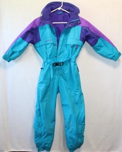 VTG Columbia Snowsuit Youth Girl 7/8 Teal Purple Ski Suit One Piece 90s Belted - Picture 1 of 22