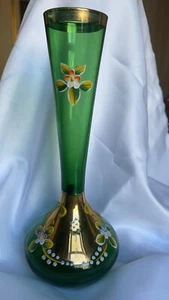 GREEN GLASS BOHEMIAN VASE - Picture 1 of 3