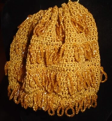 BOLSO DE MANO VINTAGE AÑOS 20 DORADO CON CUENTAS ALETA BOLSO CORDÓN Foto 1 de 4