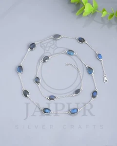 925 Sterling Silver Natural Labradorite Necklace 18" to 24" Inches Adjustable - Picture 1 of 4
