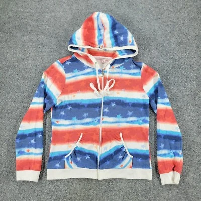 Sudadera Juicy Couture Para Mujer Mediana Roja Azul Rayas Estrellas Gráfico Cremallera Completa Foto 1 de 4