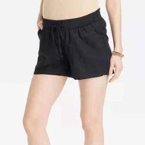 Isabel Maternity Underbelly Shorts Size M Black Linen Blend Pockets Drawstring - Picture 1 of 8