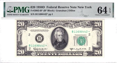 1950-D $20 FRN New York *STAR* PMG Choice Unc 64EPQ Rare Pop 2/9 #B11698442* - Image 1 of 2