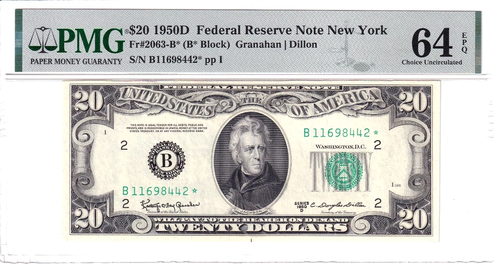 1950-D $20 FRN New York *STAR* PMG Choice Unc 64EPQ Rare Pop 2/9 #B11698442* - Image 1 of 2