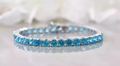 8Ct Round Cut Simulated Aquamarine  Tennis Bracelet 14K White Gold Plated - Image 1 of 4