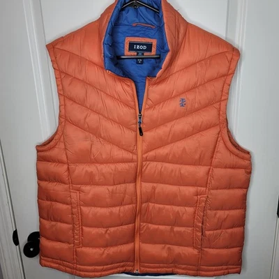 IZOD Vest Mens XL Orange Quilted Puffer Zip Front Blue Lining Lightweight Warm - Image 1 of 4