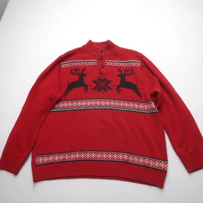 CHAPS Mens Sweater Size XL Christmas Holiday Reindeer Red Mock Neck Pullover - Image 1 of 4