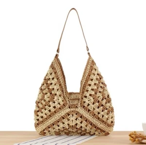 Boho Handmade Crochet Straw Shoulder Bag – Vintage Woven Hobo Tote for Summer - Picture 1 of 7