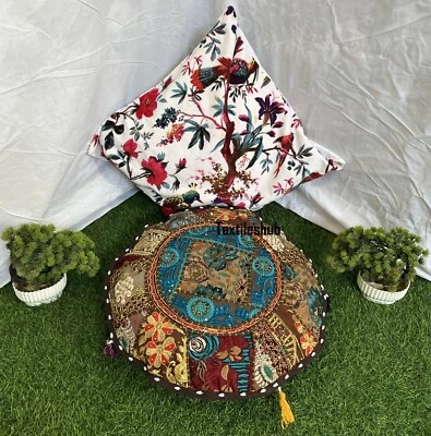 Indien Brown Round Pillow Cushion Cover Floor Patchwork Throw Boho Décor Cover - Image 1 of 4
