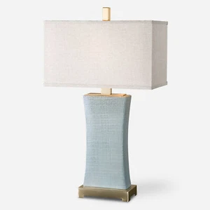 Textured Ceramic Pale Blue Gray Table Lamp 29 in Classic Hourglass Shape Bronze - Picture 1 of 2
