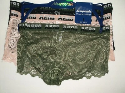 Aeropostale 3pk Bragas Cortas de Encaje Transparente para Niños S M Oliva/Rosa/Negro Nuevas con Etiquetas $24 Venta al por menor Foto 1 de 3