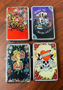 RETRO TATTOO ART STYLE SET OF 4 REFILLABLE FLIP TOP OIL LIGHTERS Y2K - Picture 1 of 4