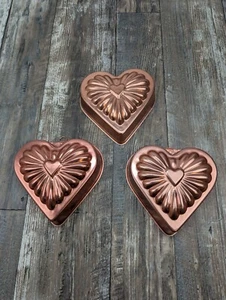 3 Heart Shaped Metal Jello Mold/Cake Pan Copper Colored Aluminum Valentines Day - Picture 1 of 9