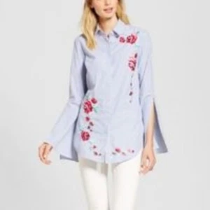 Merona Womens Blouse Boho Floral Embroidered Cotton Plus Size Striped Shirt XXL - Picture 1 of 5