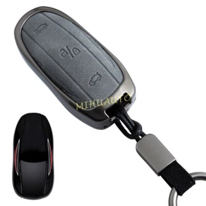 For Tesla Model Y 3 S 2018-24 Metal Leather Car Key Fob Case Cover Keychain Ring - Picture 1 of 8