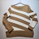Ann Taylor Womens Sweater Large Beige Ivory Stripe Boat Neck Split Hem Cotton