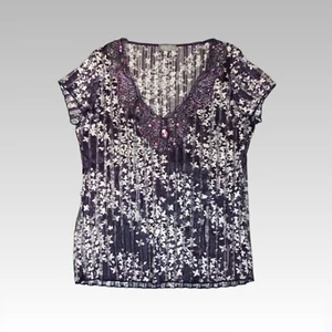 Per Una Embellished Mesh Blouse Womens Size 16 Floral Pattern Purple Evening Top - Picture 1 of 7