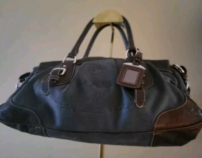 Authentic PRADA Blue Canapa Canvas Brn Leather Cross Body Satchel Handbag CLEAN - Image 1 of 4