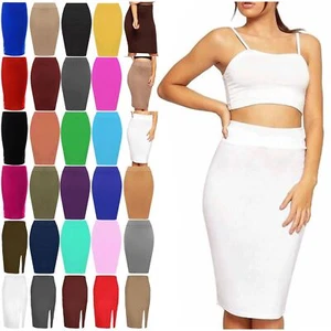 Ladies Women Jersey Stretchy Pencil Plain Elastic Office Bodycon Skirt Plus Size - Picture 1 of 64
