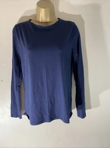 Womens M&Co Uk 12 Navy Blue Long Sleeve Crew Neck Fitted Stretch Jersey T-shirt - Picture 1 of 7