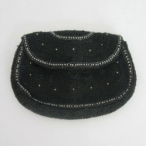 Vintage Black Gray Made in France Beaded Clutch Front Flap Snap Closure Evening - Picture 1 of 6