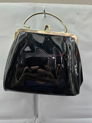 Bolso de mano retro vintage de vinilo charol negro con marco Kiss-Lock Foto 1 de 4