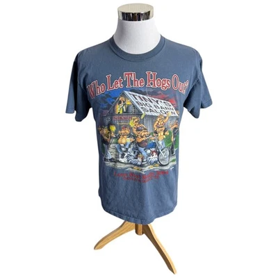 Винтажная мужская футболка Who Let The Hogs Out размер Large L синяя байкерская наковальня Texas - Изображение 1 из 4