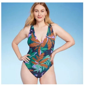 Women's Shirred Plunge One Piece Swimsuit Sz Medium 8-10 Shade & Shore™ NWT - Picture 1 of 6