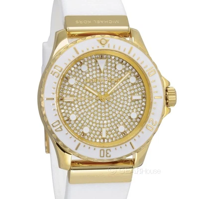 Relógio Michael Kors Feminino Tamanho Grande Everest Pave Cristais Dourado, Silicone Branco - Imagem 1 de 4